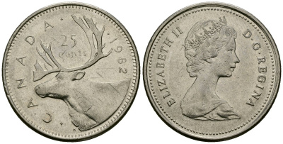 Канада 25 центов 1982 Елизавета II (1952-2022), олень карибу, второй портрет в короне KM 74 никель 4167-927