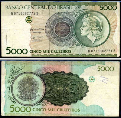 Бразилия 5000 крузейро 1990 Центральный банк Бразилии, голова свободы Pick 227 бумага 7148-33-2-2