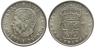 Швеция 2 кроны 1959 TS, Густав VI Адольф (1950-1973) KM 827 серебро 00-00