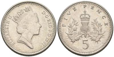 Великобритания 5 пенсов 1991 Елизавета II (1952-2022) KM 937b, Spink 4372 (D4) медно-никель 4115-725