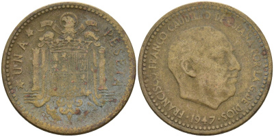 Испания 1 песета 1947 (54) Франсиско Франко (1939-1975) KM 775 алюминиевая бронза 4448-1035