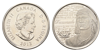 Канада 25 центов 2012 серия герои Канады в войне 1812-1815, вождь шауни Текумсе KM 1324 сталь плакированная никелем UNC 110-335