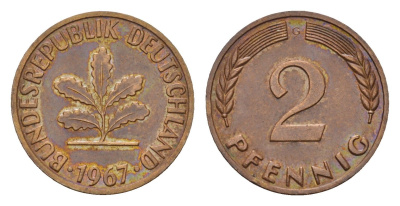 ФРГ 2 пфеннига 1967 G KM 106, J. 381 бронза 4682-1122