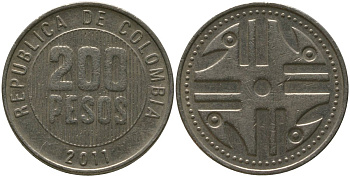 Колумбия 200 песо 2011 KM 287.4, Schon 113, Restrepo 446 никель латунь 4538-443