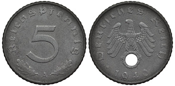 ГЕРМАНИЯ 5 РЕЙХСПФЕННИГОВ 1940 A KM 100, Jager 370 цинк 4547-662