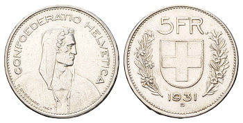 Швейцария 5 франков 1931 B KM 40 серебро 1518-612