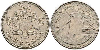 Барбадос 25 центов 1987 ветряная мельница Моргана Льюиса KM 13 медно-никель 87-247