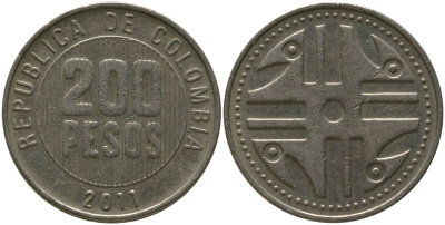 Колумбия 200 песо 2011 KM 287.4, Schon 113, Restrepo 446 никель латунь 4538-443