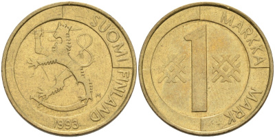 ФИНЛЯНДИЯ 1 МАРКА 1993 M KM 76 алюминиевая бронза 4563-544