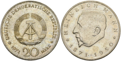 ГДР 20 марок 1971 А, 100 лет со дня рождения Генриха Манна (1871-1950) KM 33, J. 1531 медно-никель UNC 4558-613