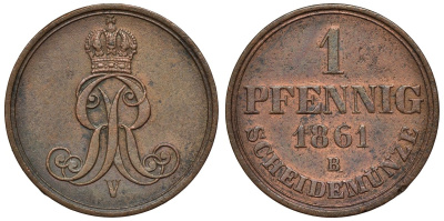 Ганновер 1 пфенниг 1861 B, Георг V KM 233, AKS 156, J. 90 медь 4594-436