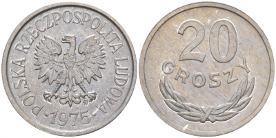 ПОЛЬША 20 ГРОШЕЙ 1975 MW KM А47 алюминий UNC 4516-527
