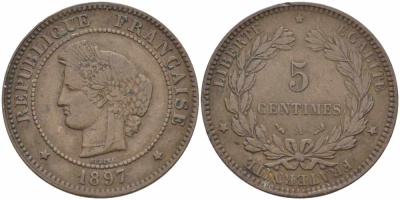 ФРАНЦИЯ 5 САНТИМОВ 1897 А, ТРЕТЬЯ РЕСПУБЛИКА (1871-1940) KM 821.1, LE FRANC 118.41 бронза 108-652