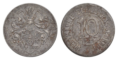 Бреслау (Вроцлав) 10 пфеннигов 1921 трамвайный жетон Men05 3708, Men18 4689 железо 4636-935