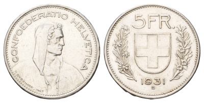 Швейцария 5 франков 1931 B KM 40 серебро 1518-612