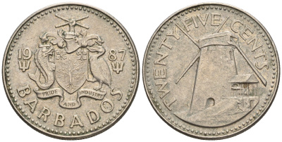 Барбадос 25 центов 1987 ветряная мельница Моргана Льюиса KM 13 медно-никель 87-247