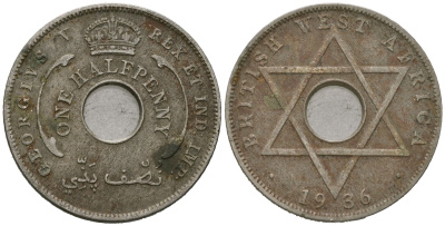 Британская Западная Африка 1/2 пенни 1936 Георг V (1910-1936) KM 8 медно-никель 4620-316