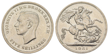 Великобритания 1 крона (5 шиллингов) 1951 Георг VI (1936-1952), фестиваль Британии, Георгий Победоносец KM 880, Spink 4111 медно-никель UNC 1066-3-66