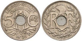 Франция 5 сантимов 1935 KM 875 медно-никель 4596-633