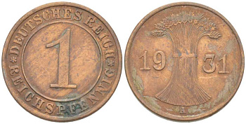 Германия 1 рейхспфенниг 1931 A KM 37, J. 313, Weege 2 бронза 211-567