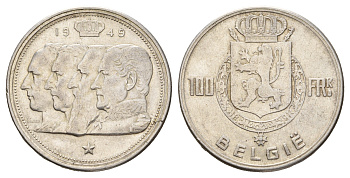 Бельгия 100 франков 1948 Леопольд III (1934-1950), Belgiqe KM 139 серебро 1519-843