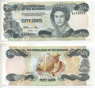 Багамские острова 1/2 доллара 1984 Елизавета II (1953- ), TDLR Pick 42a бумага UNC (пресс) 7553-5-3-1