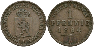 Рейсс-Гера 1 пфенниг 1864 KM 69, SCH 40 медь 46-611