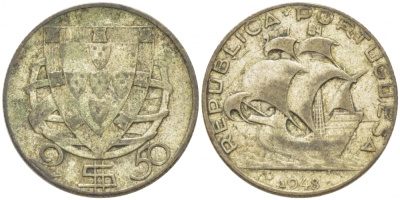 ПОРТУГАЛИЯ 2,5 ЭСКУДО 1948 ПАРУСНИК KM 580 серебро 77-754