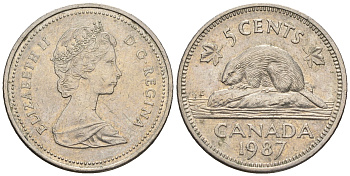 Канада 5 центов 1987 Елизавета II (1952-2022), бобер KM 60.2 a медно-никель 4609-433