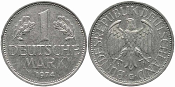 ФРГ 1 МАРКА 1974 G KM 110, J. 385 медно-никель 113-212
