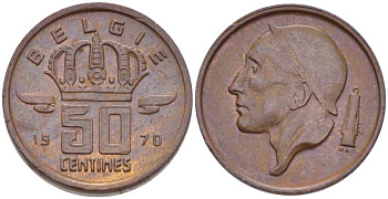 Бельгия 50 сантимов 1970 Belgie, Бодуэн I (1951-1993) KM 149.1 бронза 214-214