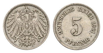 Германия 5 пфеннигов 1911 F, Вильгельм II (1888-1918) KM 11, J. 12 медно-никель 4636-231