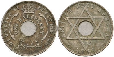 Британская Западная Африка 1/2 пенни 1947 KN, Георг VI KM 18 медно-никель 25-1012