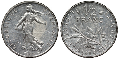 Франция 1/2 франка 1994 сеятель KM 931.1, Le Franc 198.37 никель 4128-246