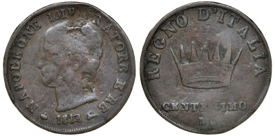 Италия, королевство Наполеон 1 чентезимо 1812 M, французское правление С 1.2 медь 4164-629