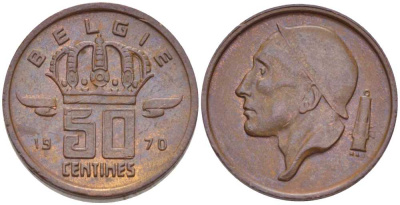 Бельгия 50 сантимов 1970 Belgie, Бодуэн I (1951-1993) KM 149.1 бронза 214-214