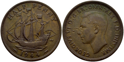 Великобритания 1/2 пенни 1944 Георг VI (1936-1952) KM 844, Spink 4115 бронза 57-352