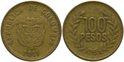 Колумбия 100 песо 2011 KM 285.2, Restrepo 445.12 латунь 4539-213