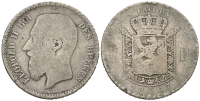 Бельгия 1 франк 1867 DES BELGES, Леопольд II (1865-1909) KM 28 серебро 4543-1133