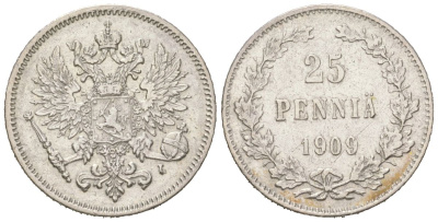 Россия для Финляндии 25 пенни 1909 L, Николай II (1894-1917) KM 6.2, Биткин 417 серебро 3851-1064