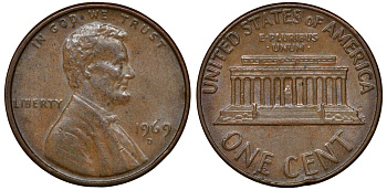 США 1 ЦЕНТ 1969 D, ЛИНКОЛЬН KM 201 медь цинк 72-1122