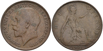 Великобритания 1 пенни 1921 Георг V (1910-1936) KM 810, Spink 4051 бронза 4394-715