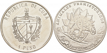 Куба 1 песо 1994 серия доисторические животные, стегозавр KM 438 медно-никель UNC M29-14
