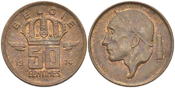 Бельгия 50 сантимов 1974 Belgie, Бодуэн I (1951-1993) KM 149.1 бронза 3458-121