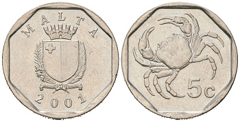 Мальта 5 центов 2001 краб KM 95 медно-никель aUNC 192-1237