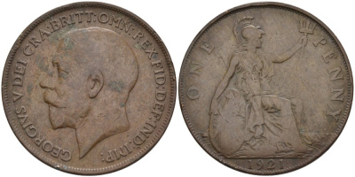Великобритания 1 пенни 1921 Георг V (1910-1936) KM 810, Spink 4051 бронза 4394-715