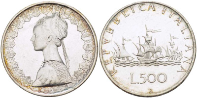 Италия 500 лир 1959 R, корабли Колумба KM 98 серебро 82-636