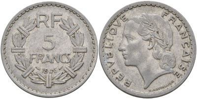 Франция 5 франков 1946 KM 888b.1, Le Franc 339.3 алюминий 4144-431