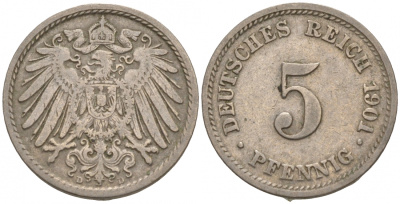 ГЕРМАНИЯ 5 ПФЕННИГОВ 1901 D, KM 11, J. 12 медно-никель 73-1516