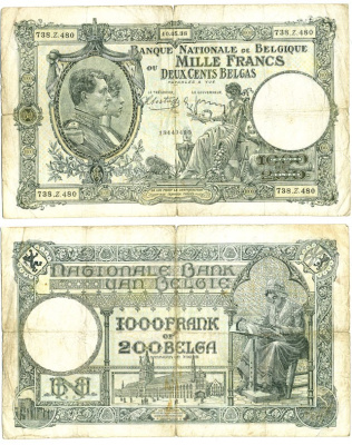 БЕЛЬГИЯ 1000 ФРАНКОВ 1938 Pick 104 бумага 6289-52-1